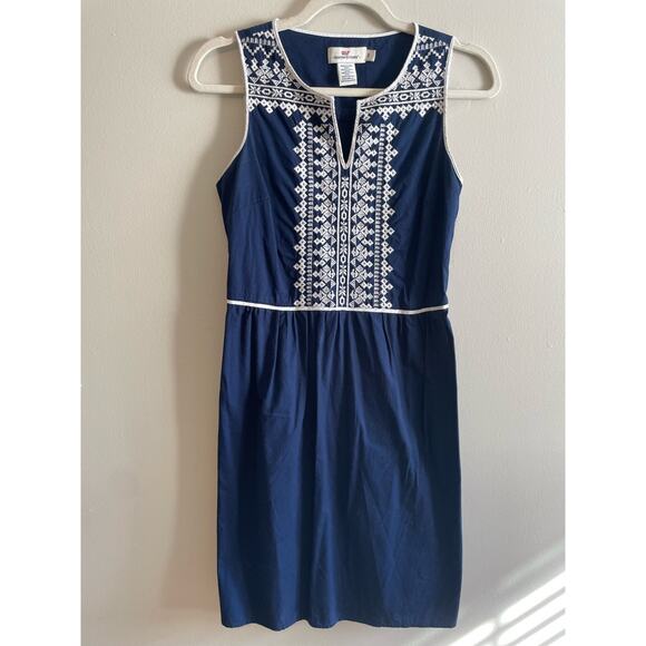 Vineyard Vines Size 2 Navy Blue Dress White Embroidered 100% Cotton Sleeveless - Picture 1 of 5